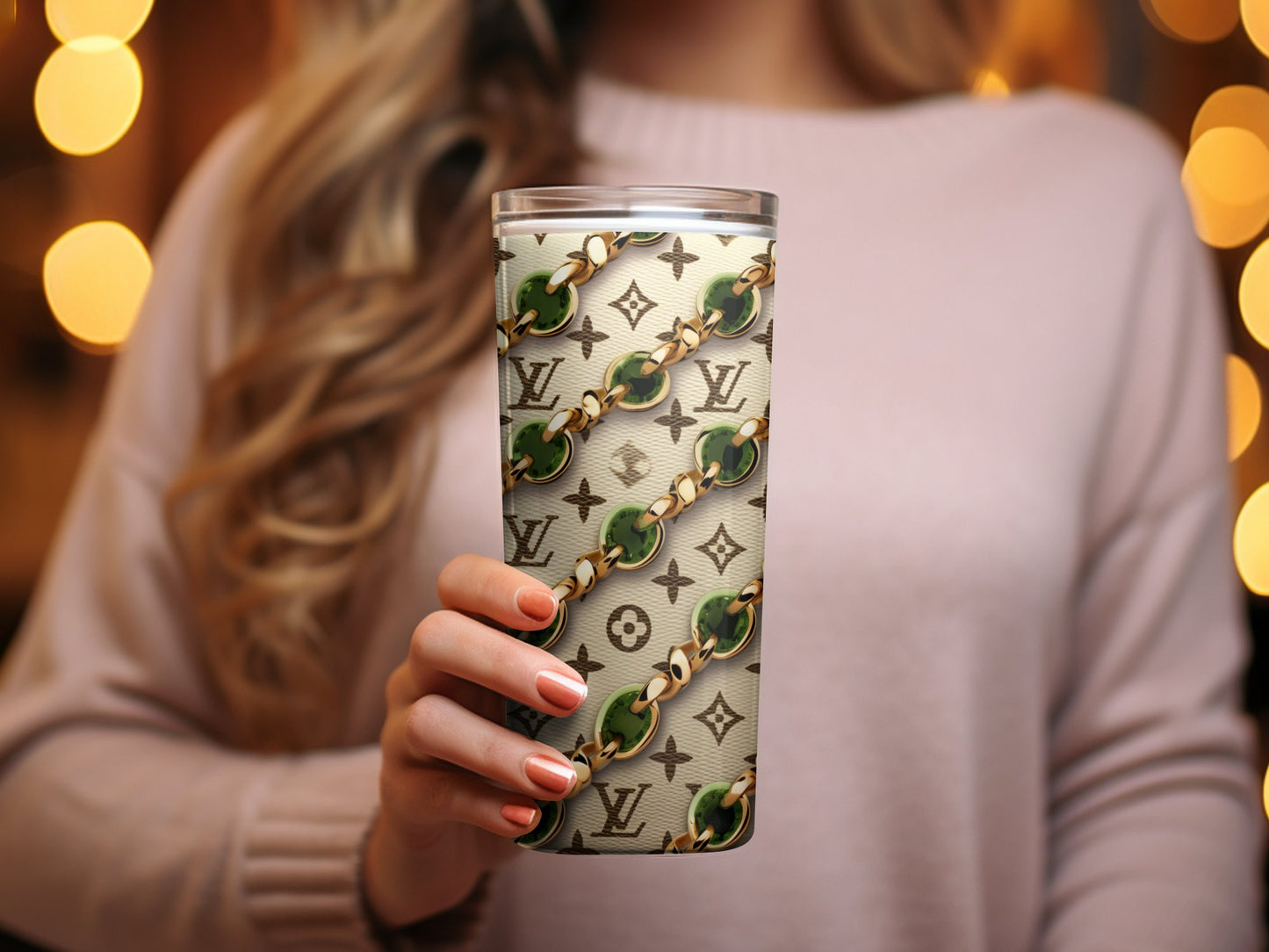 Designer Pattern Tumbler, Luxury Fashion Print Travel Cup, Insulated Coffee Mug, Elegant Drinkware, Chic Gift Idea