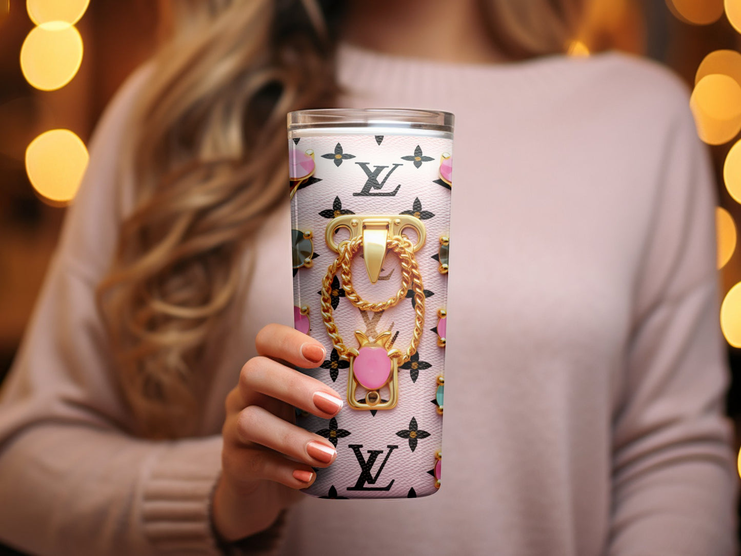 Designer-Inspired Pink Tumbler, Luxury Brand Style Travel Mug, Chic Coffee Cup for Fashion Lovers