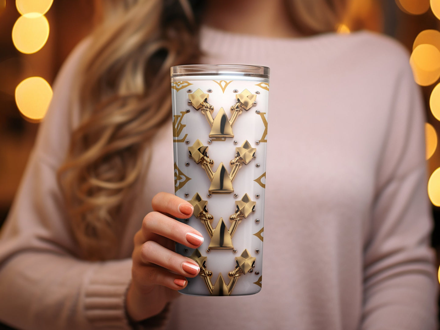 Luxury Pattern Tumbler, Elegant Gold Monogram Print, Designer Inspired Travel Mug, Chic Coffee Tumbler, Unique Drinkware Gift