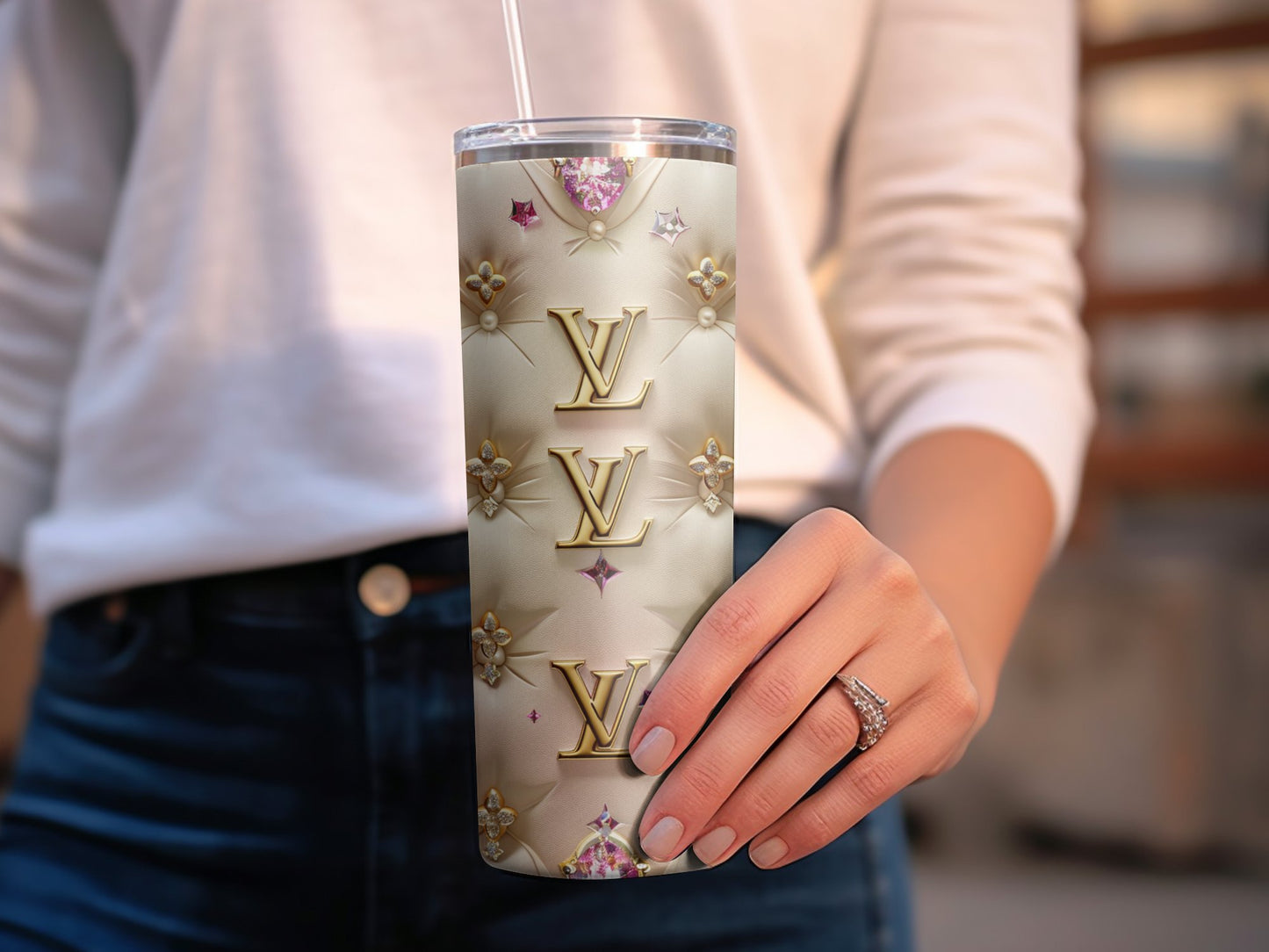 Beige Pink Gold 20oz Skinny Louis Vuitton Tumbler Wrap Fashion Tumbler Wrap Luxury Tumbler Wrap Glitter Tumbler Wrap