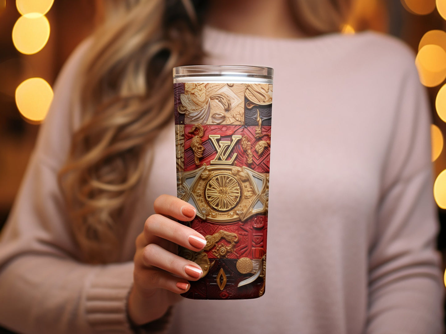 Vintage Embossed Leather Tumbler, Faux Aged Ornate Detail Drinkware, Baroque Style Insulated Cup