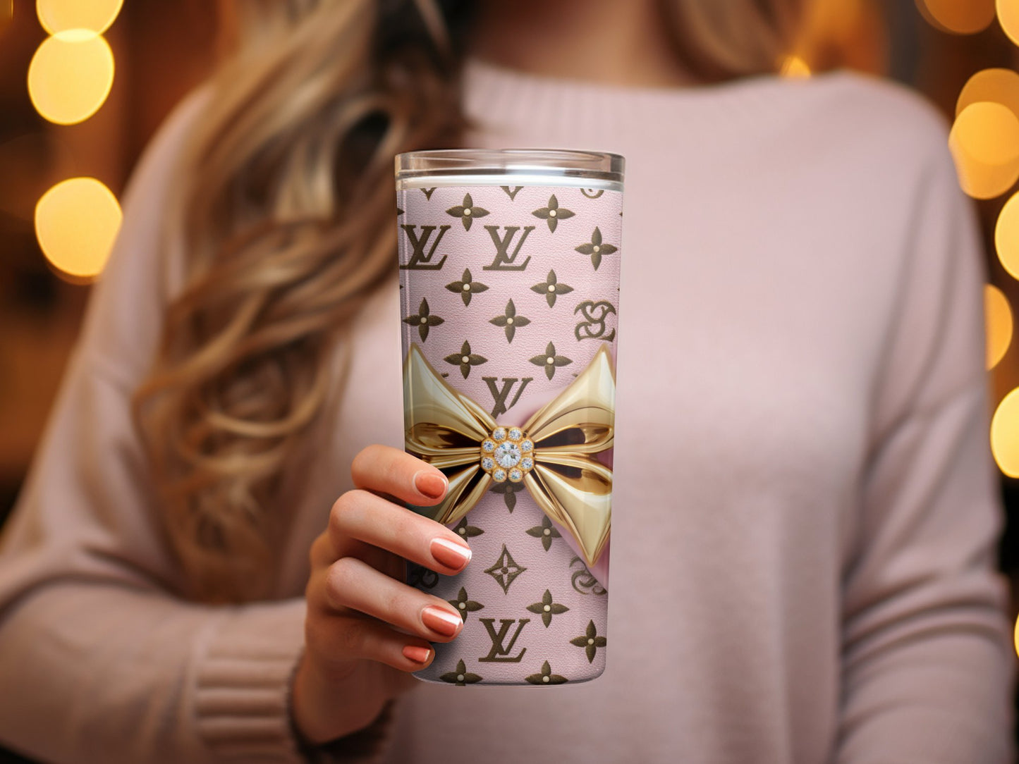 Designer Inspired Pink Bow Tumbler, Chic Gold Bow Coffee Cup, Luxury Travel Mug, Fashionista Gift, Trendy Drinkware, Stylish Accessory