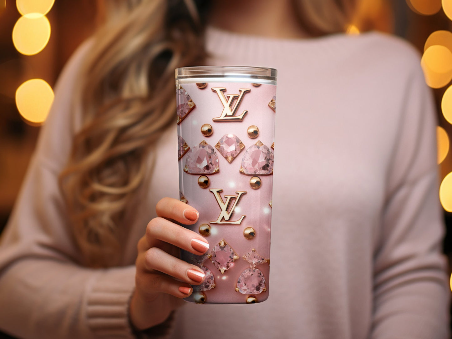 Designer Inspired Pink Glitter Tumbler, Luxury Fashion Brand Tumbler, Gift for Her, Sparkly Drinkware, Stainless Steel Insulated Cup