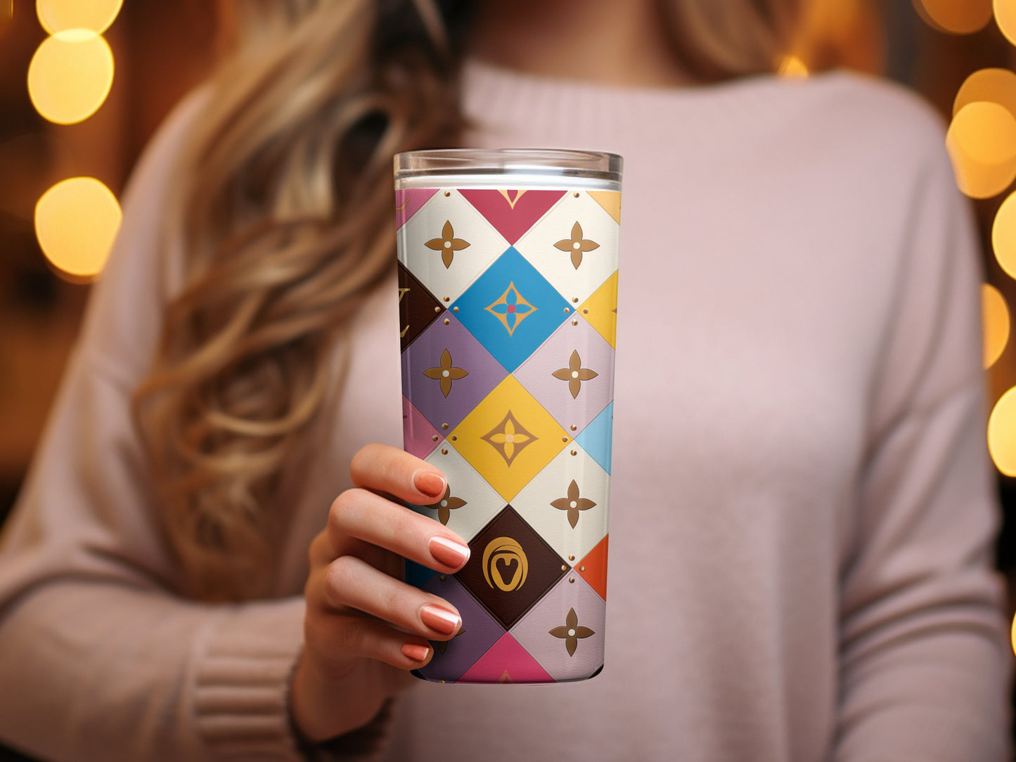 Designer Inspired Pattern Tumbler, Colorful Diamond Luxury Print, Unique Fashion Drinkware