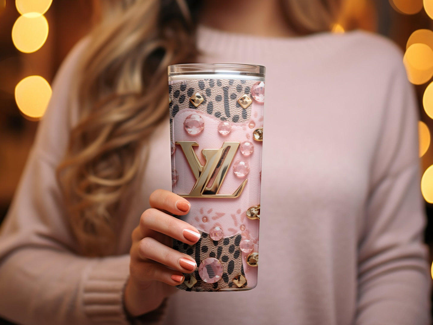 Designer Inspired Pink Tumbler, Fashion Logo, Elegant Travel Cup, Crystal Studded, Gift for Her