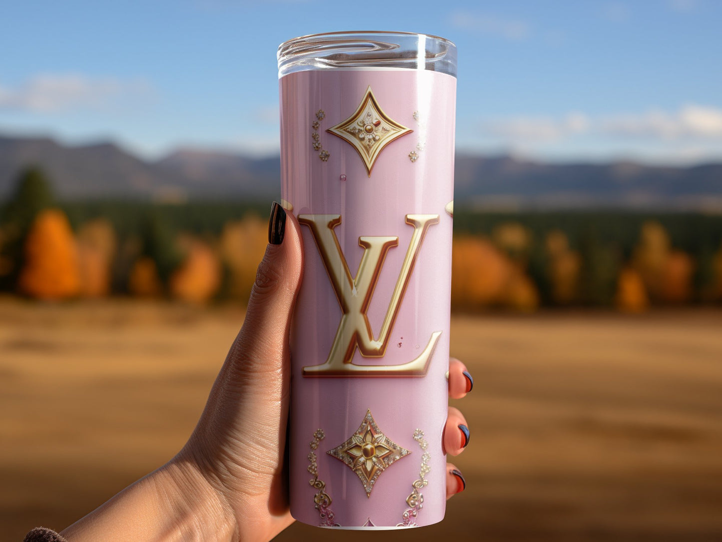 Pastel Pink Flower Lv Logo  Gold Tumbler Wraps 20 oz, Fashion Luxury Logo Tumbler Wrap Png Bundle, Tumbler Design,Digital Download PNG,Logo Brand Tumbler , 20oz Skinny , Tumbler Wrap Bundle Designs