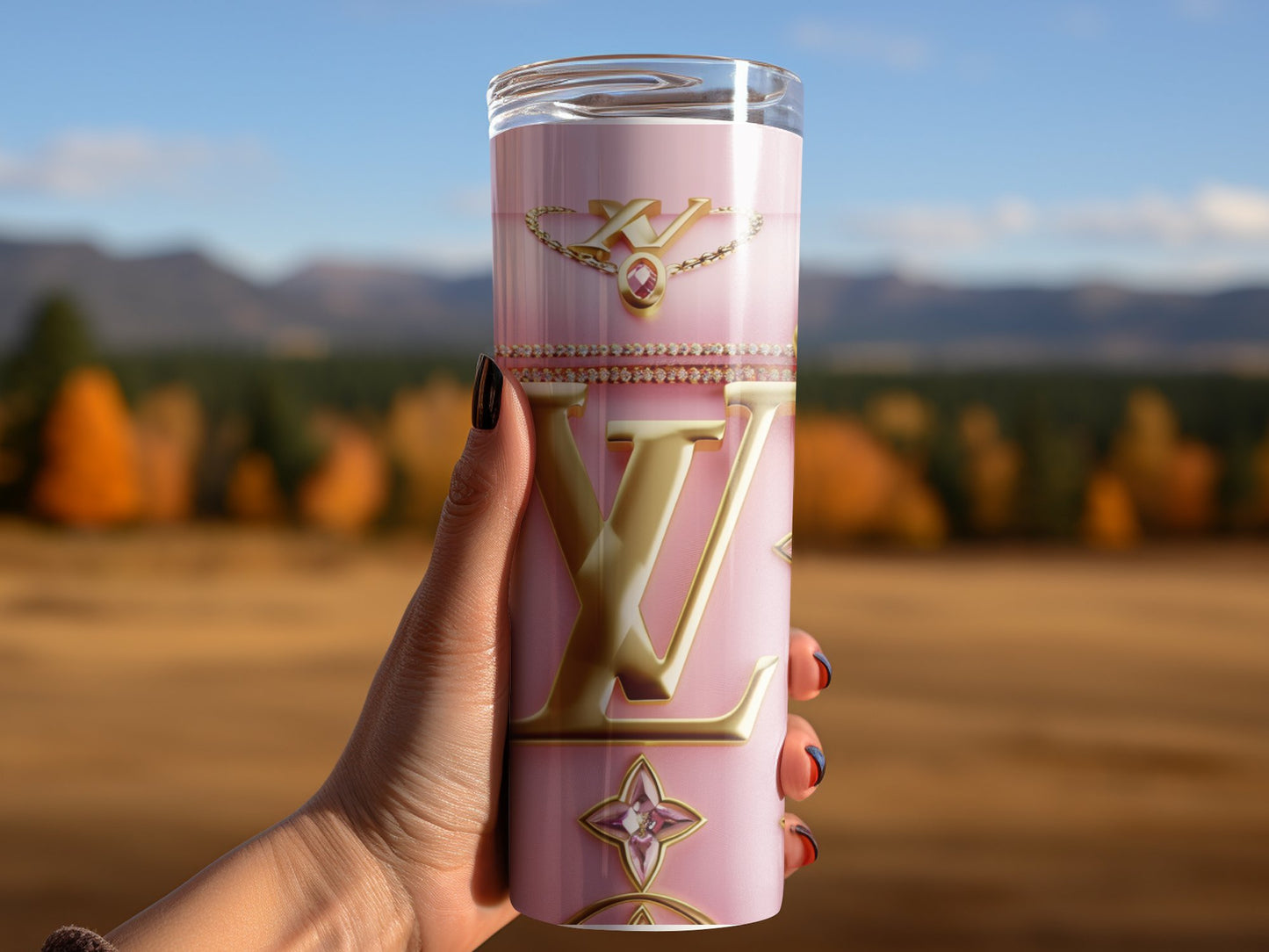 Pink Crystal Metallic Jewelery Lv Logo  Gold Tumbler Wraps 20 oz, Fashion Luxury Logo Tumbler Wrap Png Bundle, Tumbler Design,Digital Download PNG,Logo Brand Tumbler , 20oz Skinny , Tumbler Wrap Bundle Designs