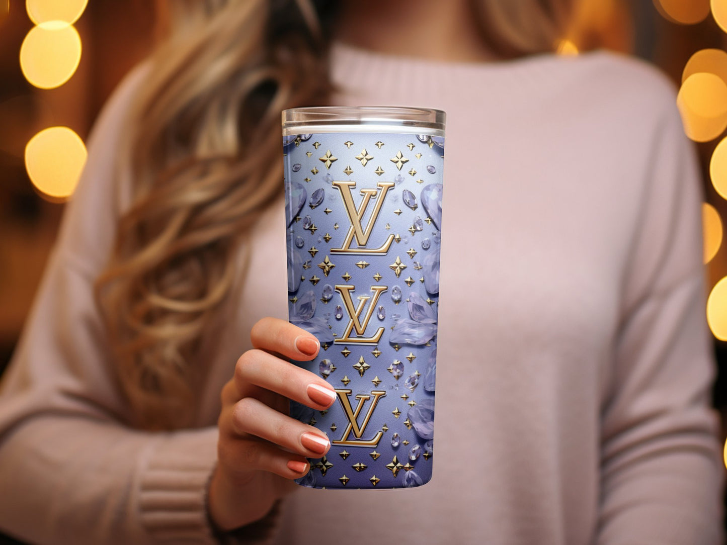 Luxury Brand Inspired Tumbler, Designer Logo Embellished Travel Mug, Elegant Pink and Gold Drinkware, Chic Gift for Her