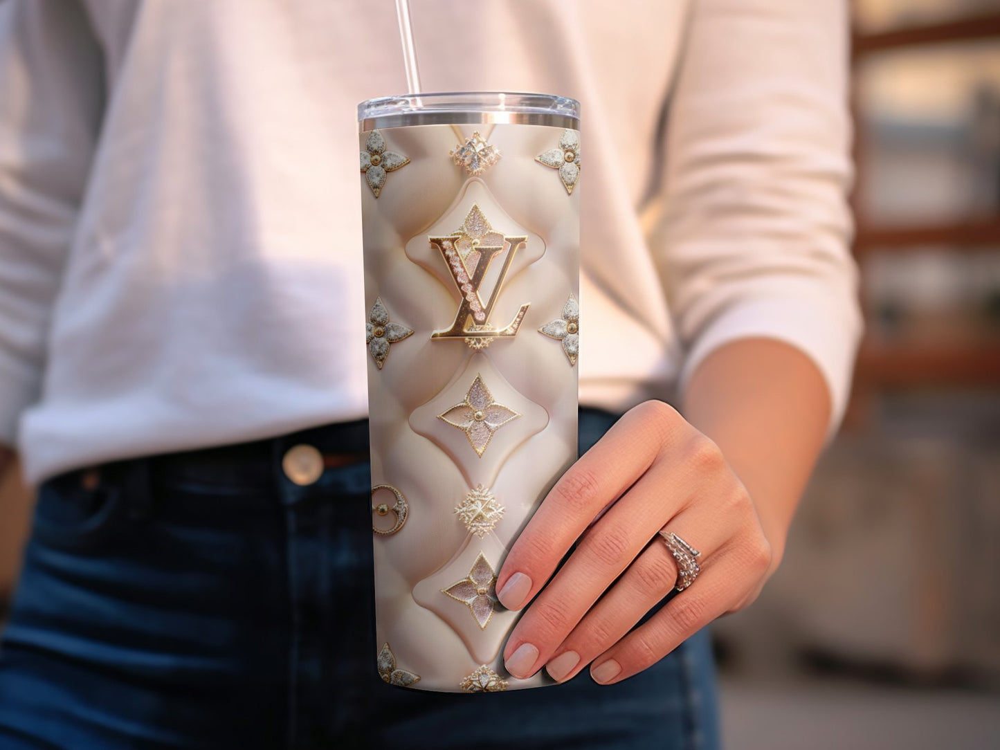 Beige White Flower 20oz Skinny Louis Vuitton Tumbler Wrap Fashion Tumbler Wrap Luxury Tumbler Wrap Glitter Tumbler Wrap