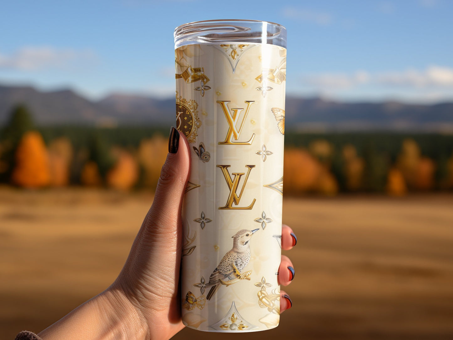 Birds Beige Vintage Whamsical Shabby Chic 20oz Skinny Louis Vuitton Tumbler Wrap Fashion Tumbler Wrap Luxury Tumbler Wrap Glitter Tumbler Wrap