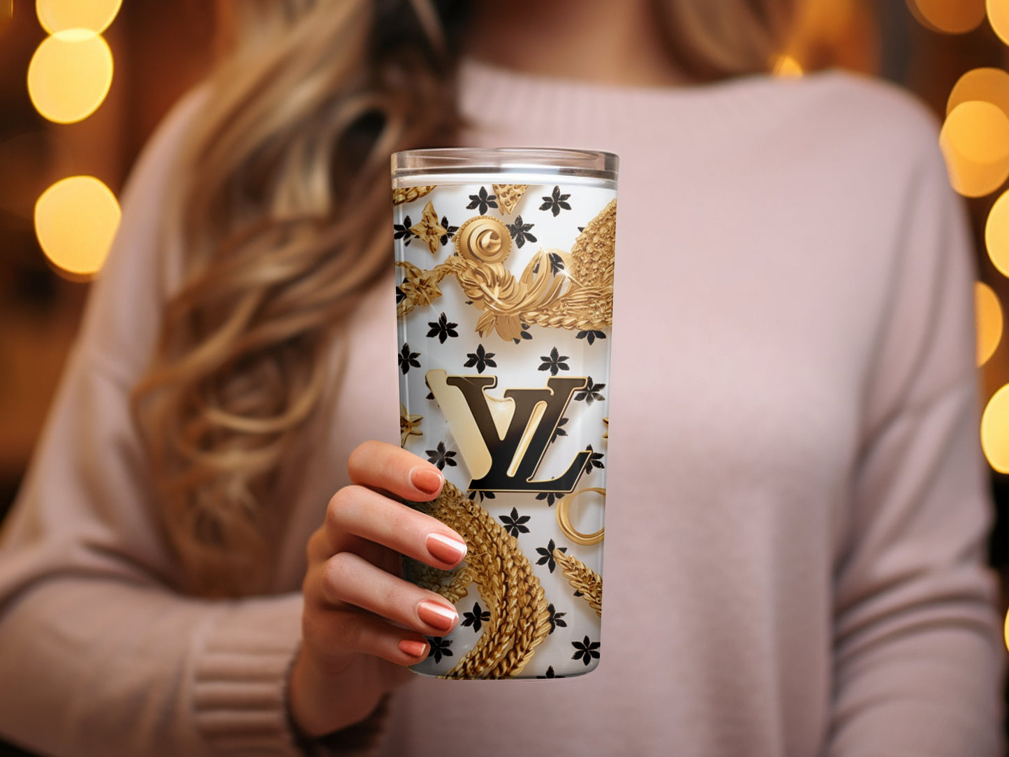 Luxury Golden Embellishments Tumbler, Elegant Gold and White Travel Mug, Designer Inspired Drinkware, Chic Coffee Cup for Gift