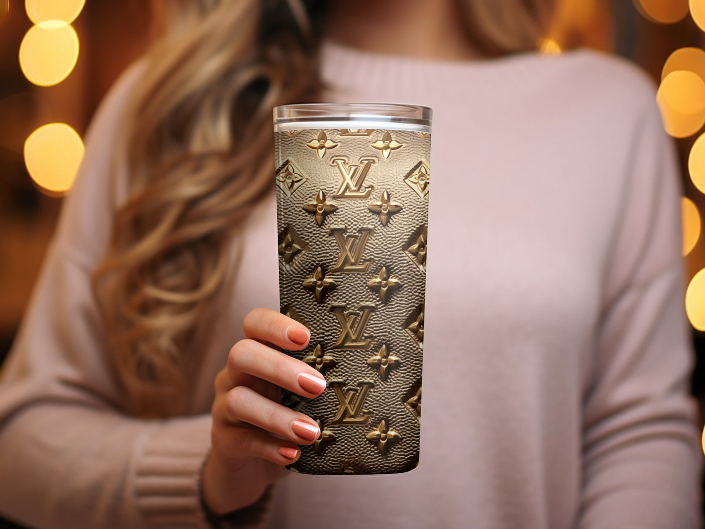 Designer Pattern Inspired Tumbler, Luxurious Gold Fashion Drinkware, Unique Metal Textured Travel Mug