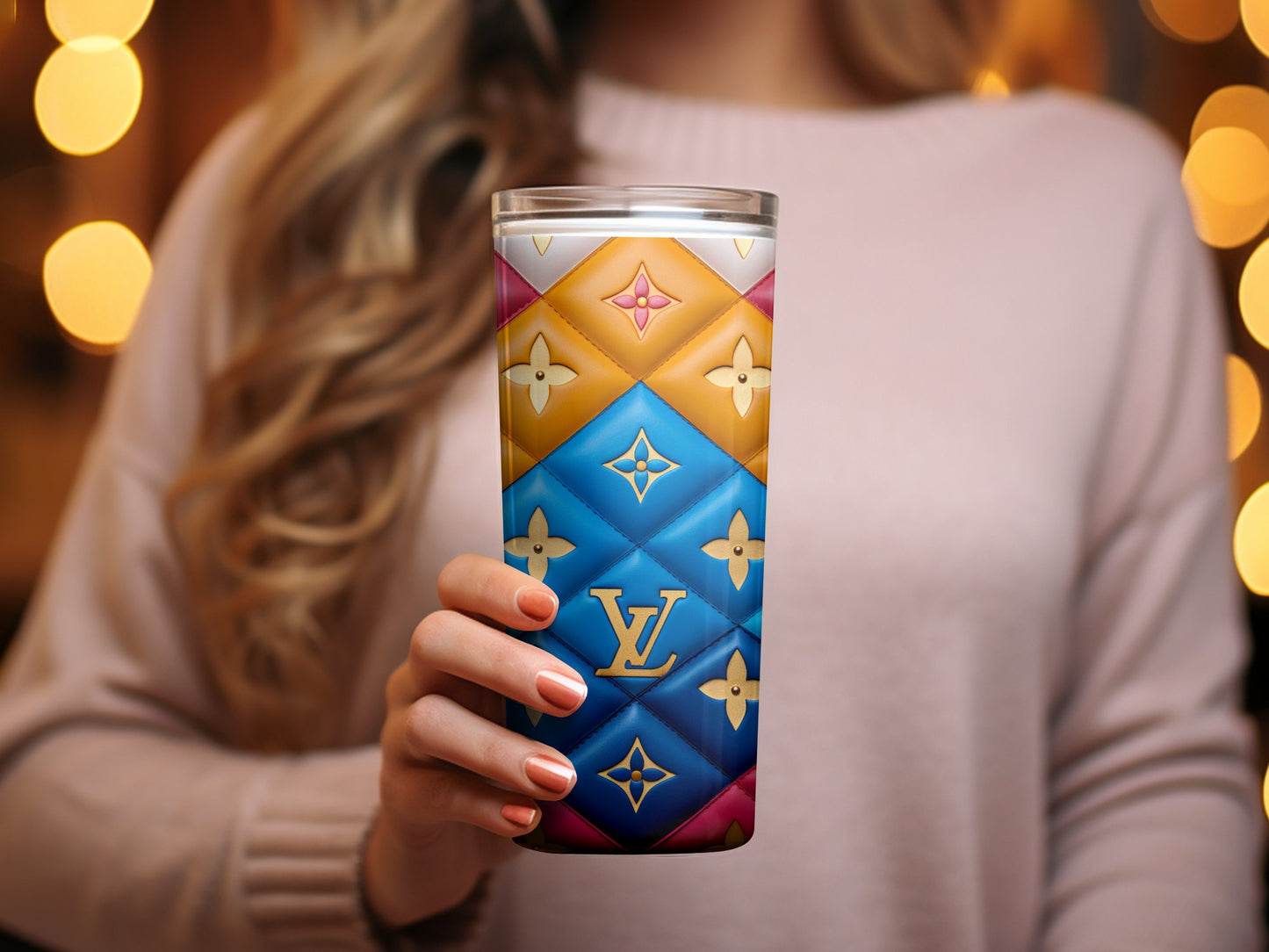 Colorful Quilted Tumbler, Luxury Inspired Travel Cup, Insulated Coffee Mug, Unique Gift for Her, Stylish Office Drinkware