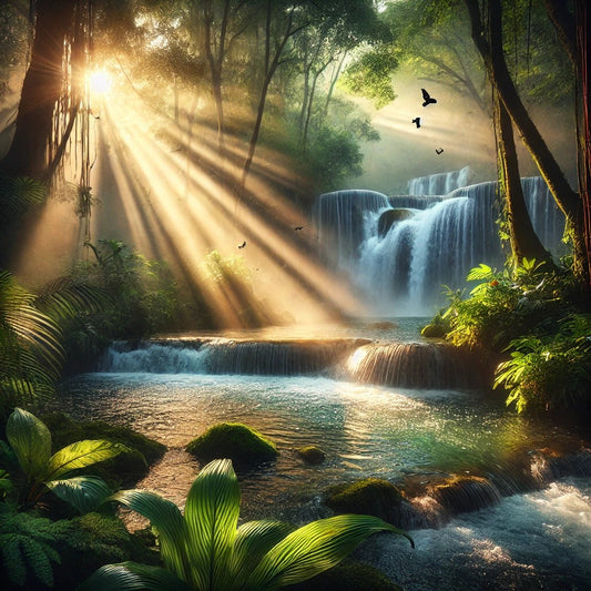 🌿✨ Who else wants to start their day here? #WaterfallWonder #ForestMagic #MorningSerenity #NatureEscape #GoldenHourGlow #PeacefulMoments #MysticalNature #TranquilVibes #ForestDreams #NatureAtDawn