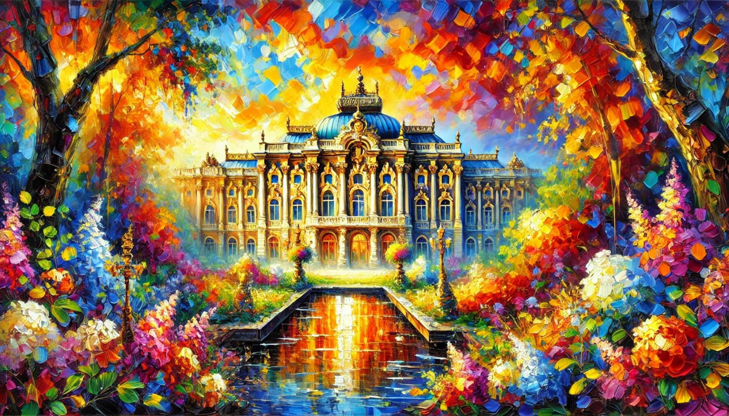 Majestic Mountaintop Palace #mountaintoppalace #luxuryart #goldenpalace  #vibrantcolors #opulentoilpainting #boldbrushstrokes #majesticview #mountaincastle #goldenlight #sunsetglow