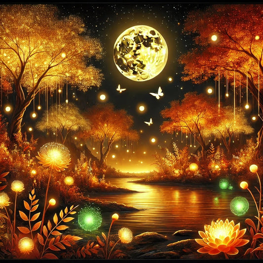 Golden Autumn Glow - Enchanted Fantasy Landscape  #WarmGlow #Bioluminescent #EtherealLight #WallArt #AutumnInspired #MagicAmbiance #FantasyLandscape #TranquilSpace #GoldenHues #MysticWorld #MoonlitScene #FantasyWallArt