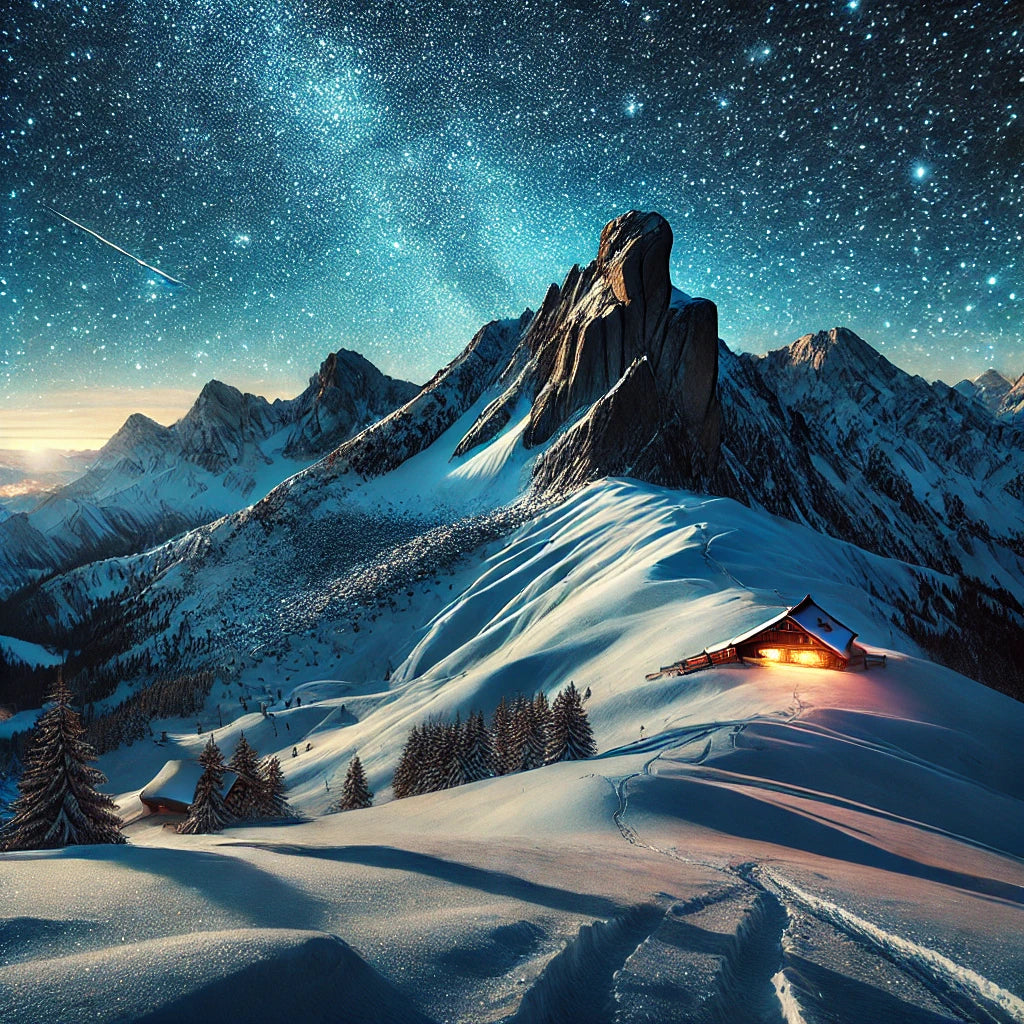 Who else wants to escape to this winter wonderland? #MountainMagic #StarryNight #WinterEscape #SnowyPeaks #CozyCabinVibes #NatureBliss #NightSkyLovers #WinterDreams #NorthernStars #SerenityInNature"