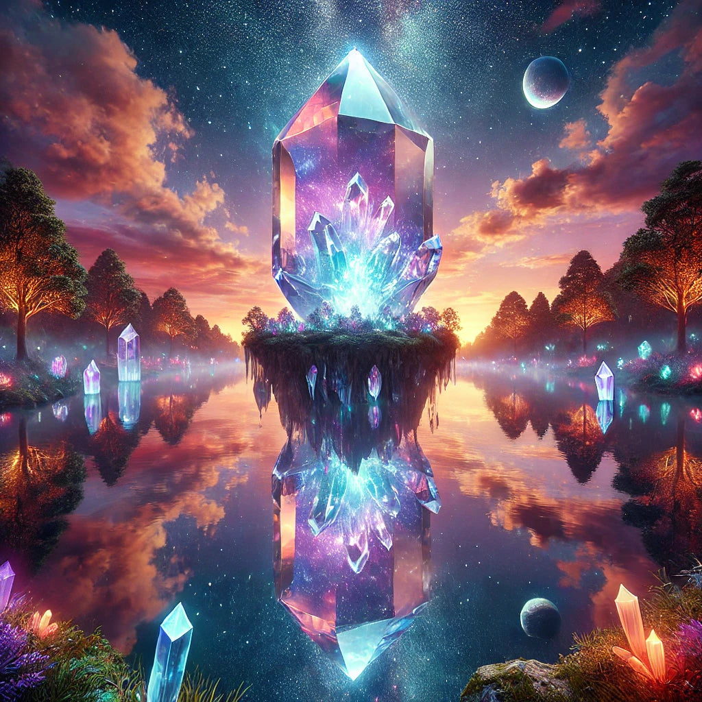 "When reality reflects the cosmos 💎🌌 A floating crystal over a still lake, merging earth and sky. #SurrealArt #CosmicBeauty #ViralVisual #MagicalMoments #Dreamscape #EtherealScene