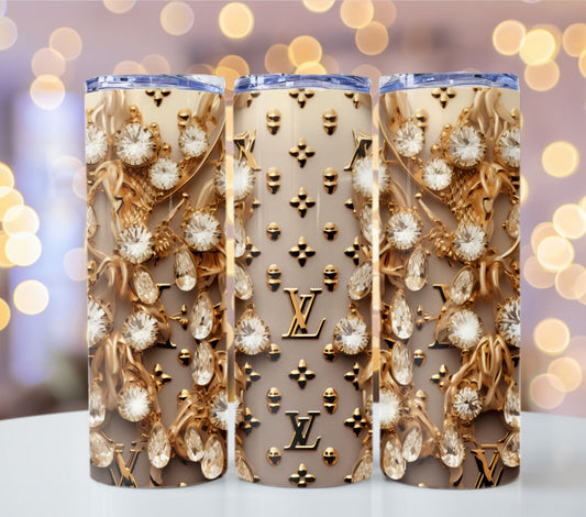 Crystal Beige Gold Tumbler Wrap Louis Vuitton Tumbler Wrap Glitter Seamless Pattern Chanel Tumbler Wrap Fashion Tumbler Wrap