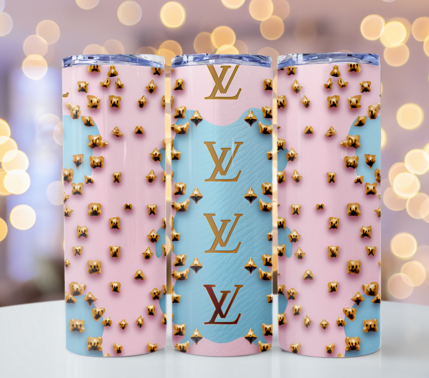 Louis Vuitton Pastel Pink Blue Gold Lv Tumbler Wrap Logo Tumbler Wrap Glitter Seamless Pattern Tumbler Wrap Fashion Tumbler Wrap