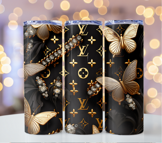 1* Black Gold Butterfly Tumbler Wrap Louis Vuitton Tumbler Wrap Glitter Seamless Pattern Chanel Tumbler Wrap Fashion Tumbler Wrap