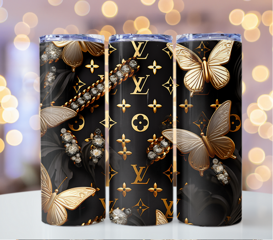 Black Gold Butterfly Tumbler Wrap Louis Vuitton Tumbler Wrap Glitter Seamless Pattern Chanel Tumbler Wrap Fashion Tumbler Wrap