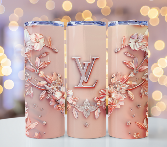 Beige Pink Flower 20oz Skinny Louis Vuitton Tumbler Wrap Fashion Tumbler Wrap Luxury Tumbler Wrap Glitter Tumbler Wrap