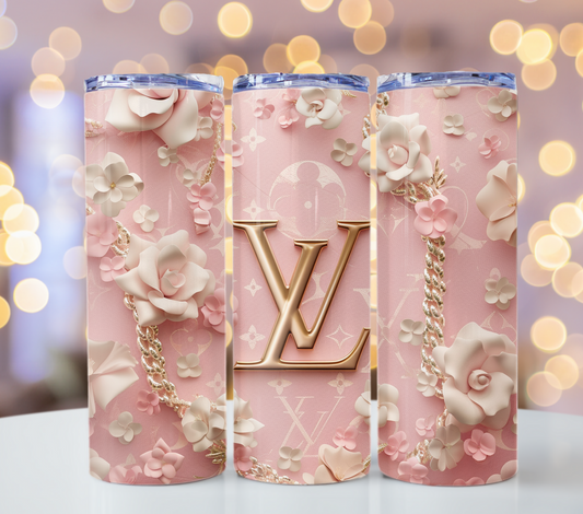 Beige Pink Flower 20oz Skinny Louis Vuitton Tumbler Wrap Fashion Tumbler Wrap Luxury Tumbler Wrap Glitter Tumbler Wrap