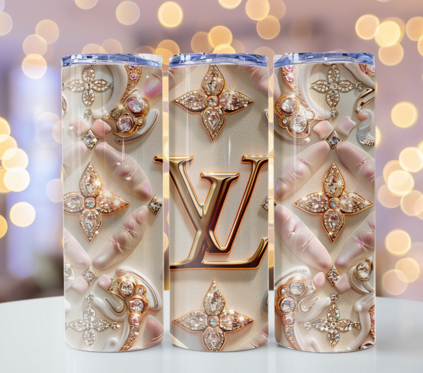 Beige Pink Gold 20oz Skinny Louis Vuitton Tumbler Wrap Fashion Tumbler Wrap Luxury Tumbler Wrap Glitter Tumbler Wrap