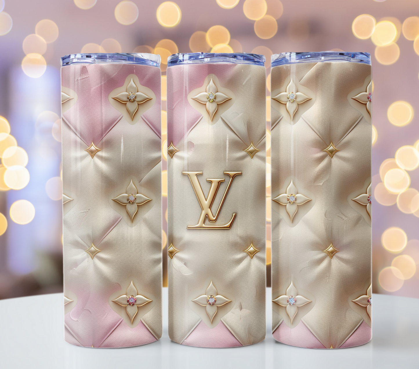 Beige Pink Gold Logo 20oz Skinny Louis Vuitton Tumbler Wrap Fashion Tumbler Wrap Luxury Tumbler Wrap Glitter Tumbler Wrap