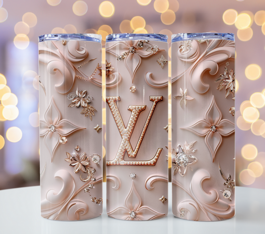 Beige Louis Vuitton Flower 20oz Skinny PNG Lv Tumbler Wrap Fashion Tumbler Wrap Luxury Tumbler Wrap Glitter Tumbler Wrap