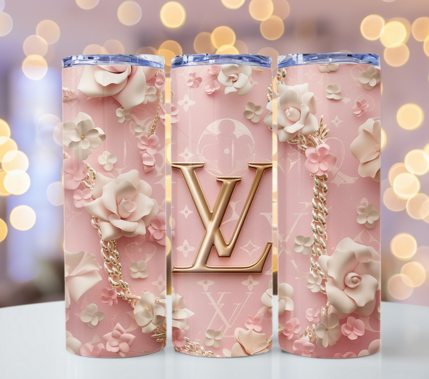 Pastel Floral Pink Flower 20oz Skinny Louis Vuitton Tumbler Wrap Fashion Tumbler Wrap Luxury Tumbler Wrap Glitter Tumbler Wrap