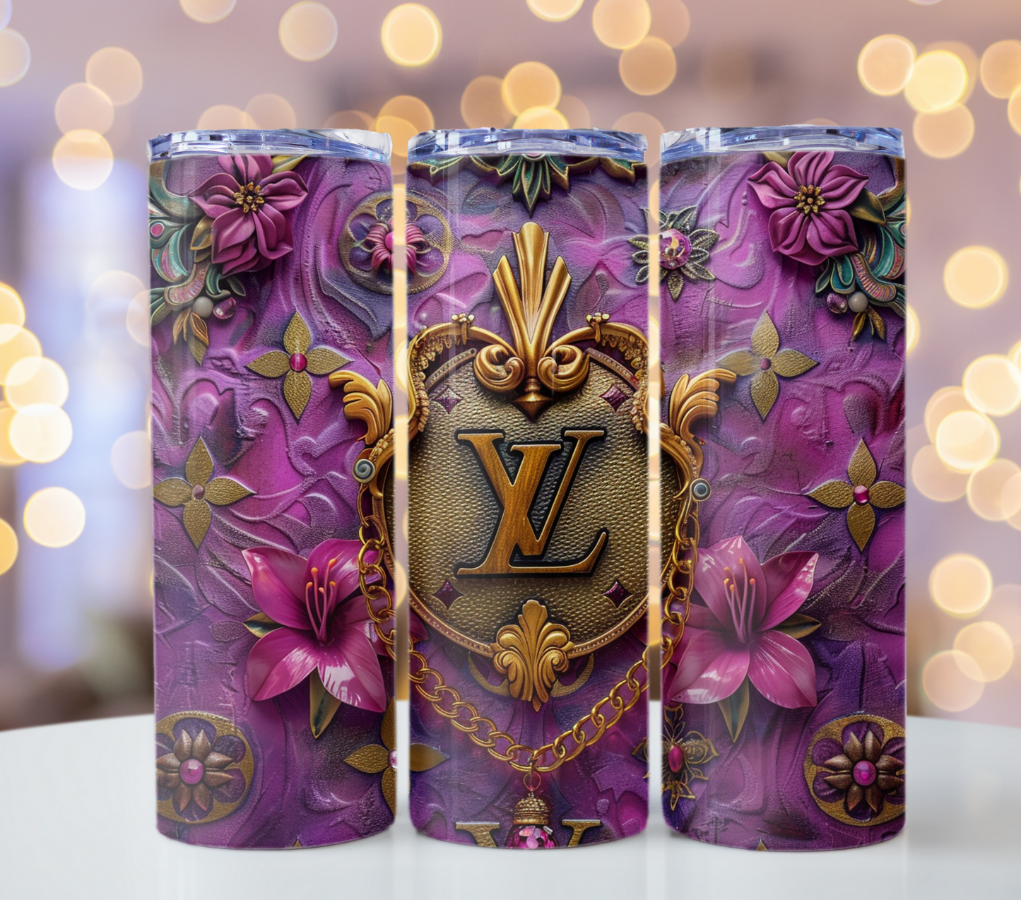 Purple Gold Flower 20oz Skinny Louis Vuitton Tumbler Wrap Fashion Tumbler Wrap Luxury Tumbler Wrap Glitter Tumbler Wrap