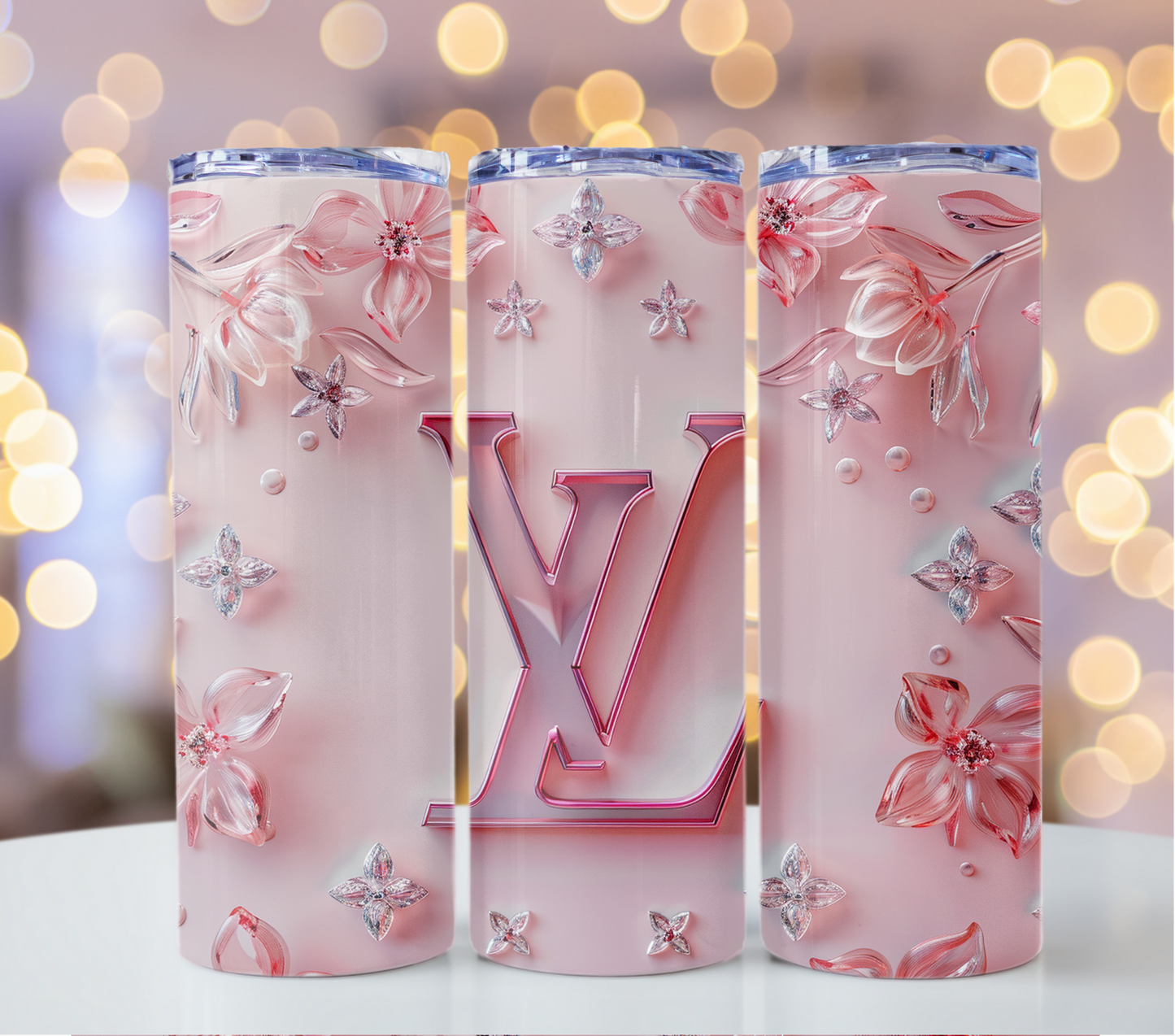 Pink Crystal Flower 20oz Skinny Lv PNG Louis Vuitton Tumbler Wrap Fashion Tumbler Wrap Luxury Tumbler Wrap Glitter Tumbler Wrap