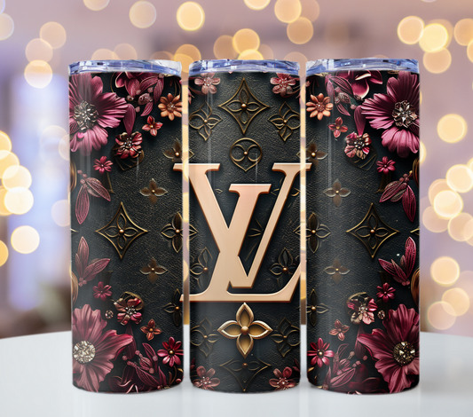 Black Pink Flower 20oz Skinny Louis Vuitton Tumbler Wrap Fashion Tumbler Wrap Luxury Tumbler Wrap Glitter Tumbler Wrap