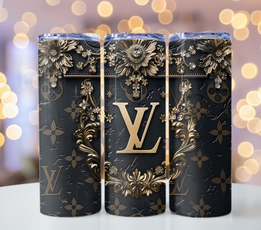 20oz Skinny Black Gold Flower Louis Vuitton Tumbler Wrap Fashion Tumbler Wrap Luxury Tumbler Wrap Glitter Tumbler Wrap