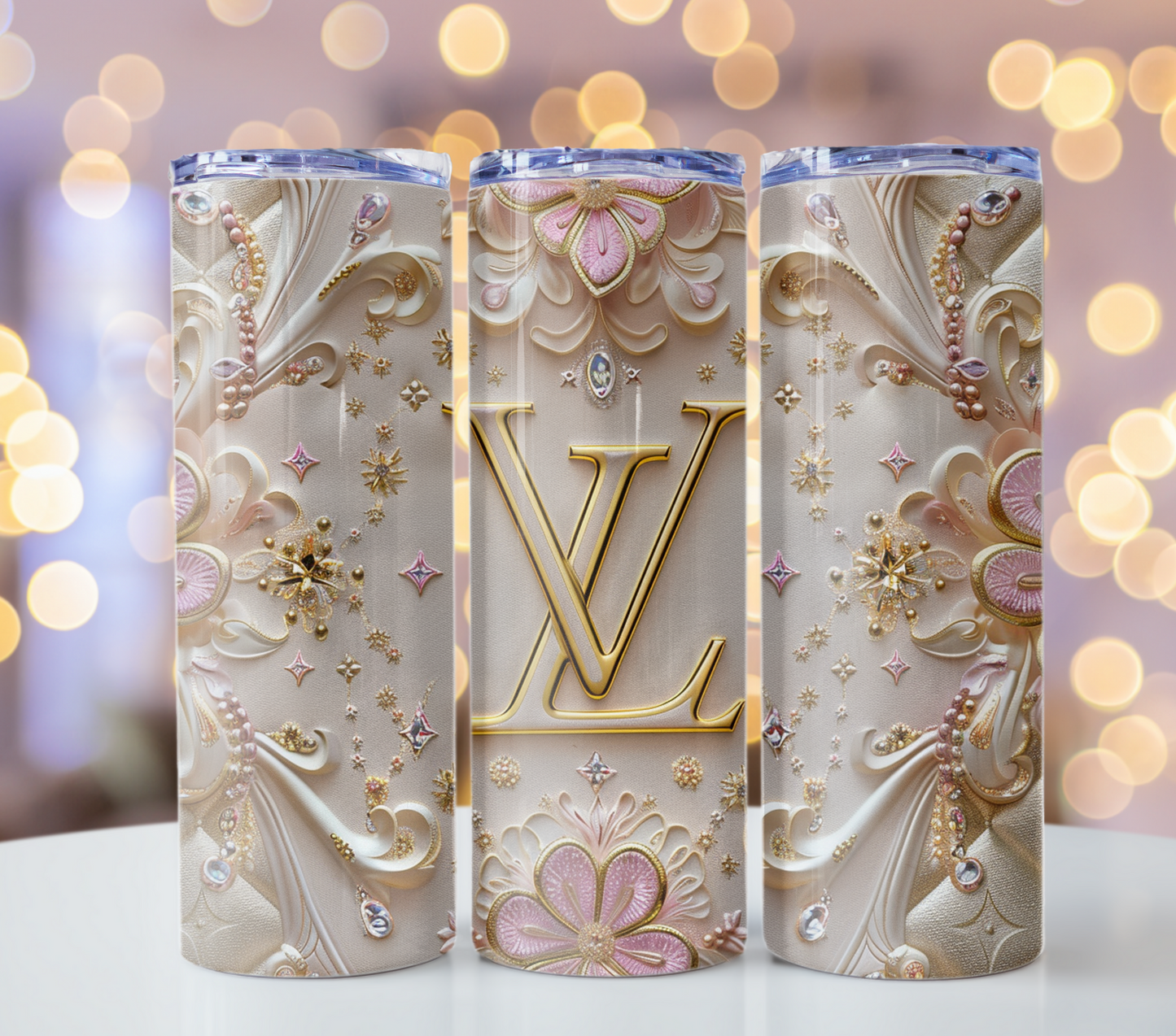 Louis Vuitton Pastel Pink Gold Lv Tumbler Wrap Logo Tumbler Wrap Glitter Seamless Pattern Tumbler Wrap Fashion Tumbler Wrap