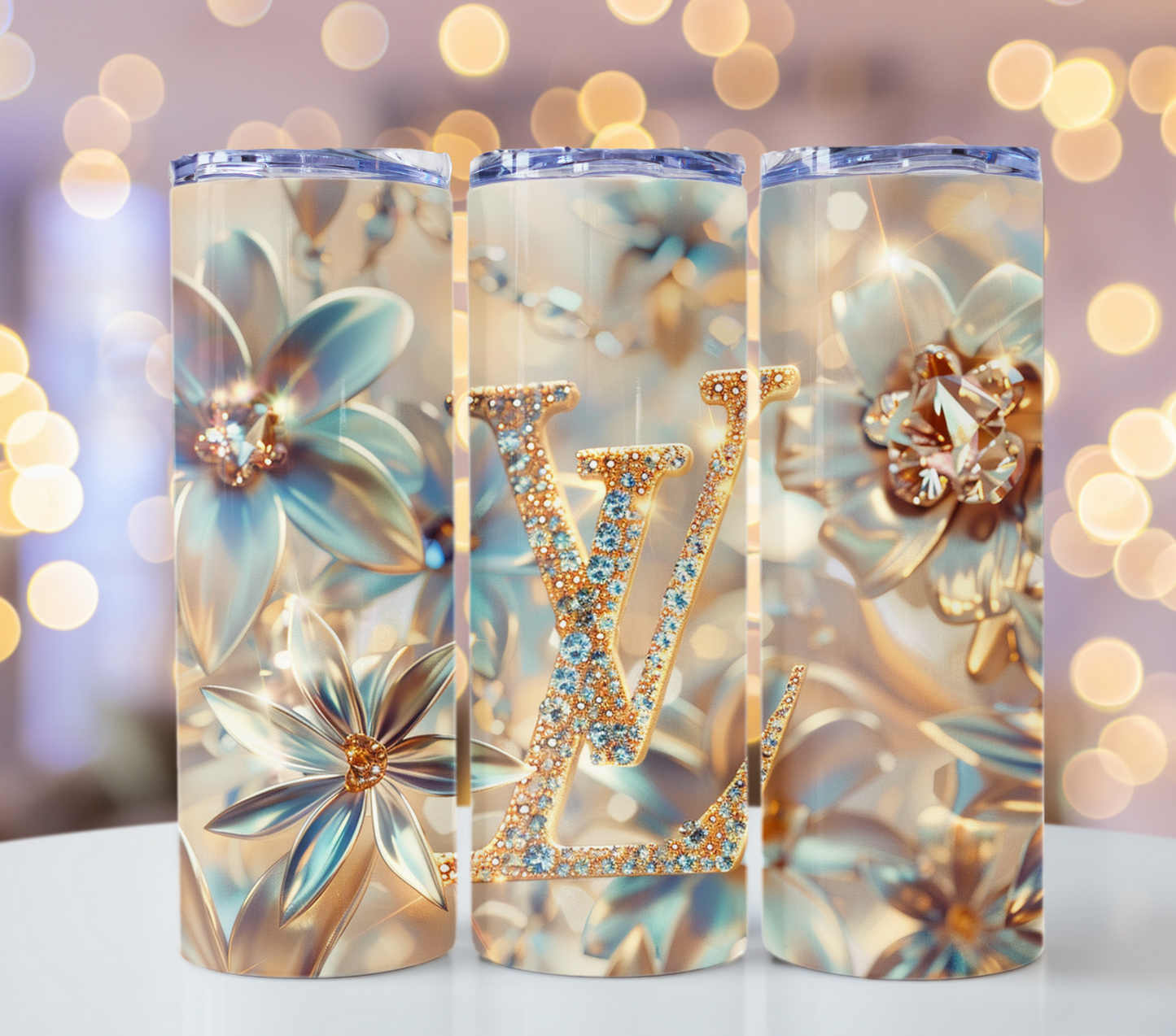 White Gold Flower 20oz Skinny Louis Vuitton Tumbler Wrap Fashion Tumbler Wrap Luxury Tumbler Wrap Glitter Tumbler Wrap