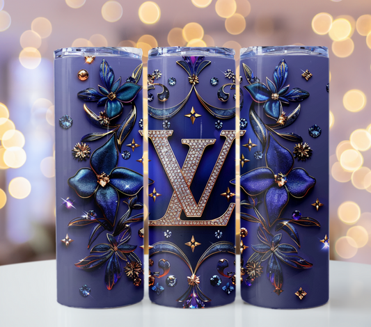 20oz Skinny Glitter Metallic Blue Flower Gold Louis Vuitton Tumbler Wrap Fashion Tumbler Wrap Luxury Tumbler Wrap Glitter Tumbler Wrap