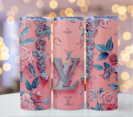 20oz Pink Blue Floral Tumbler Wrap Louis Vuitton Tumbler Wrap Glitter Seamless Pattern Chanel Tumbler Wrap Fashion Tumbler Wrap