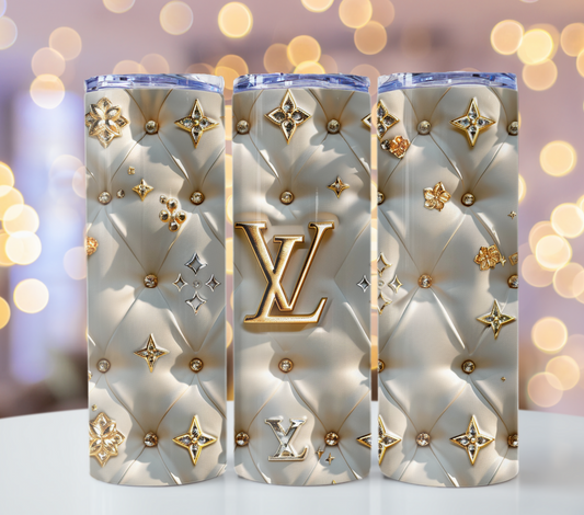 Metallic White Gold Logo Louis Vuitton Tumbler Wrap Fashion Tumbler Wrap Luxury Tumbler Wrap Glitter Tumbler Wrap