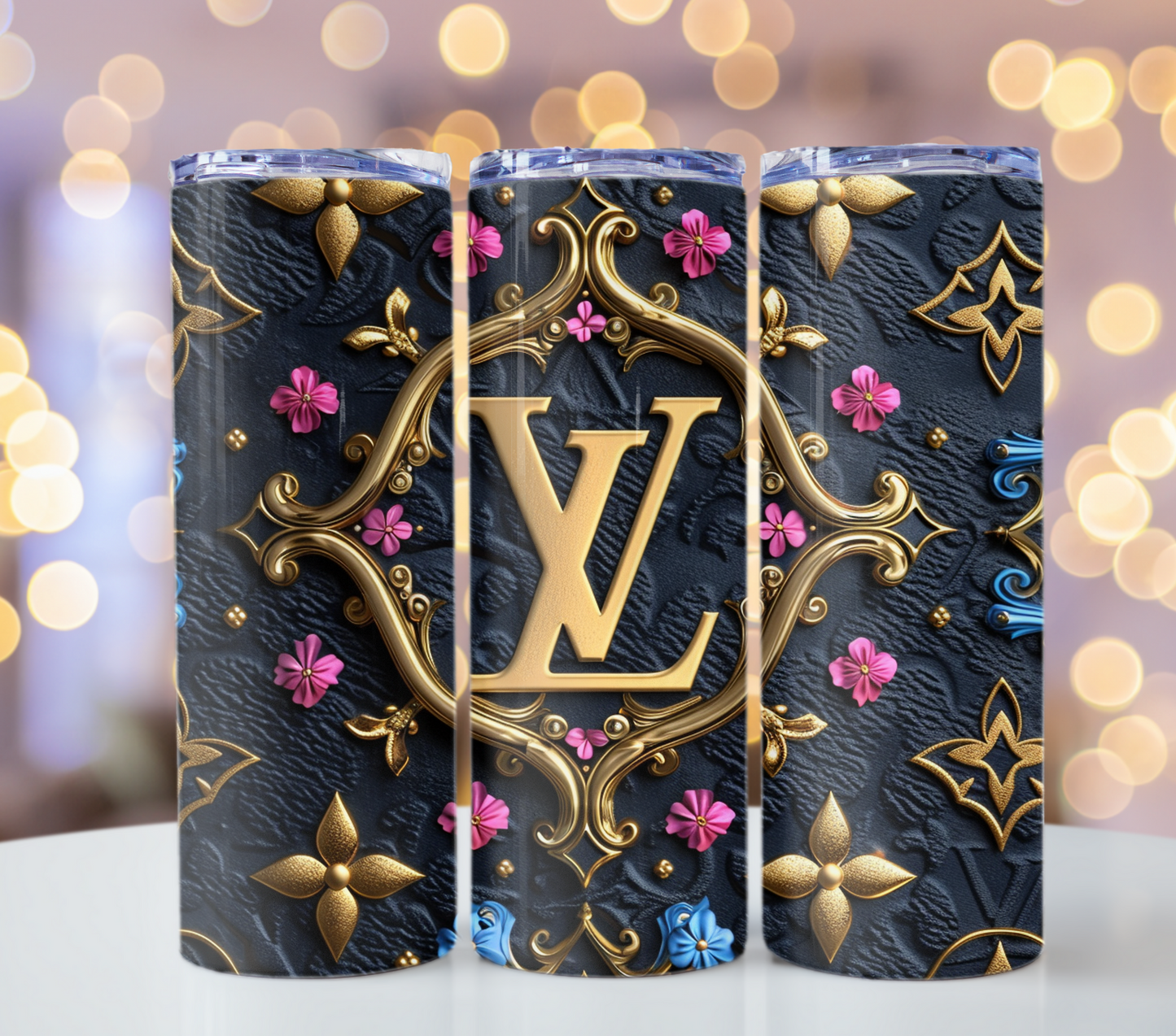 Black Pink Floral Lv Logo  Gold Tumbler Wraps 20 oz, Fashion Luxury Logo Tumbler Wrap Png Bundle, Tumbler Design,Digital Download PNG,Logo Brand Tumbler , 20oz Skinny , Tumbler Wrap Bundle Designs