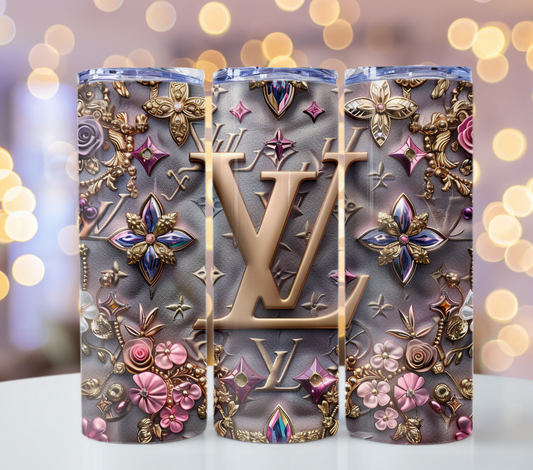 20oz Skinny Flower Gold Louis Vuitton Tumbler Wrap Fashion Tumbler Wrap Luxury Tumbler Wrap Glitter Tumbler Wrap