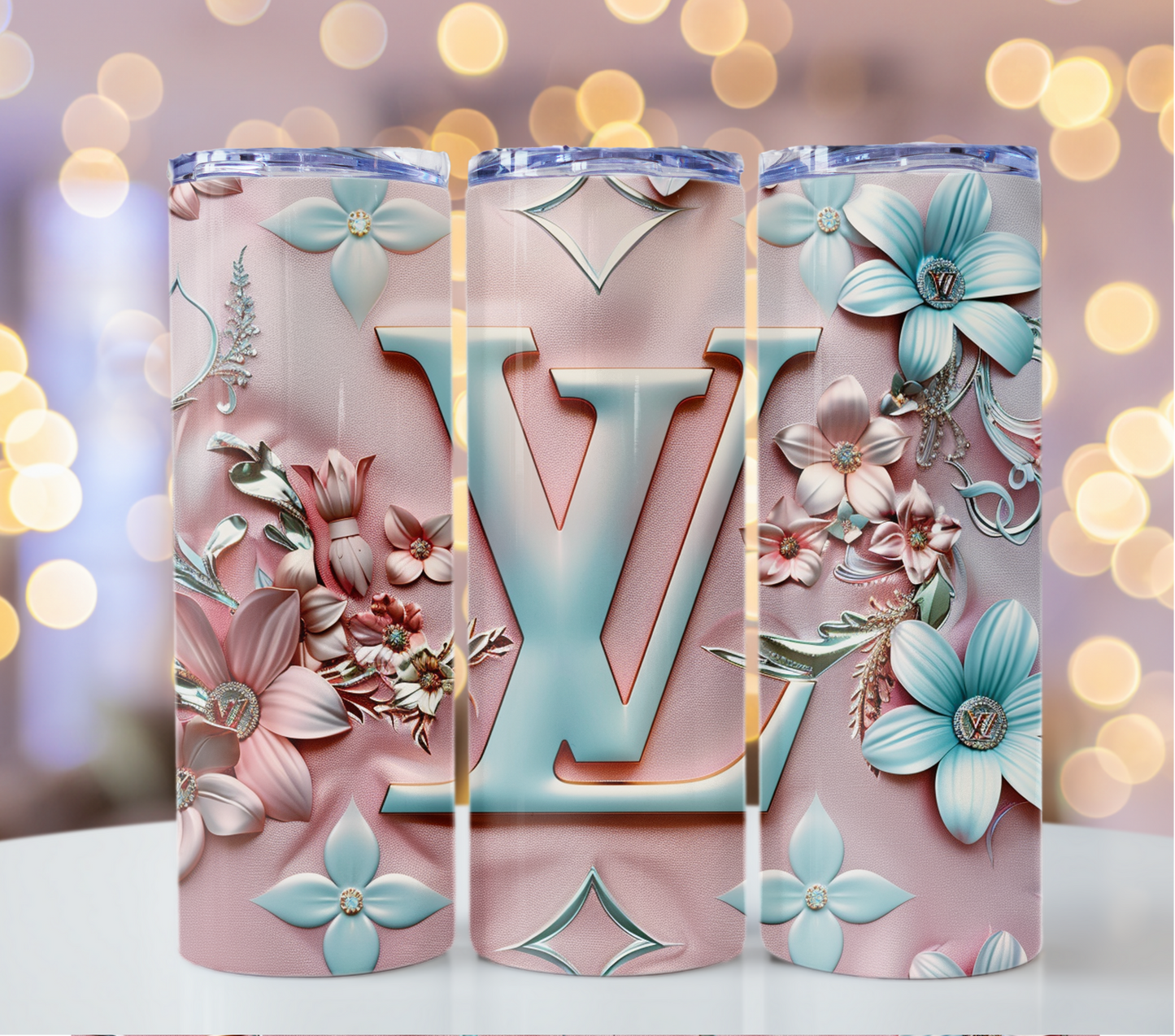 20oz Pink Blue Flower Tumbler Wrap Louis Vuitton Tumbler Wrap Glitter Seamless Pattern Chanel Tumbler Wrap Fashion Tumbler Wrap