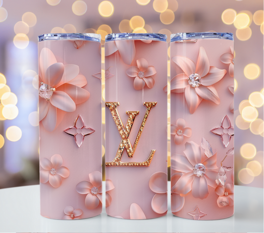 20oz Pink Gold Logo Crystal Tumbler Wrap Louis Vuitton Tumbler Wrap Glitter Seamless Pattern Chanel Tumbler Wrap Fashion Tumbler Wrap