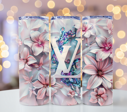 Blue Pink Flower 20oz Skinny Louis Vuitton Tumbler Wrap Fashion Tumbler Wrap Luxury Tumbler Wrap Glitter Tumbler Wrap