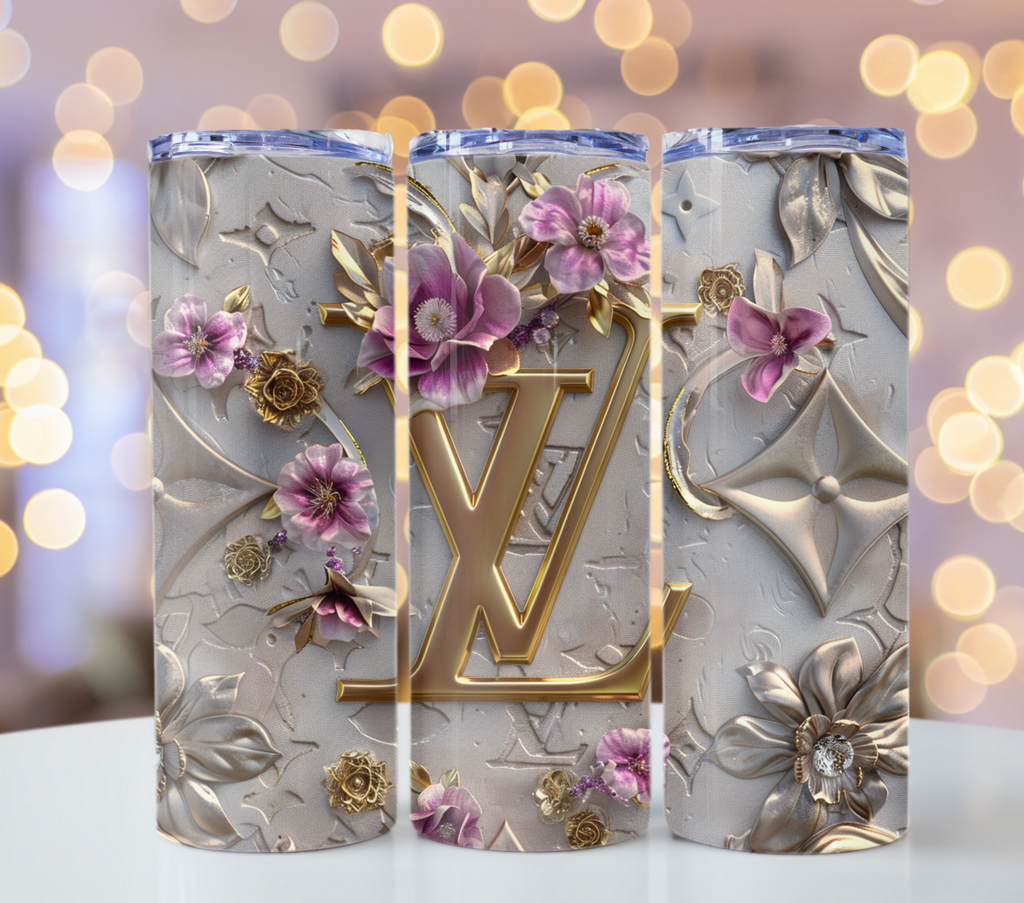 Beige White Flower 20oz Skinny Louis Vuitton Tumbler Wrap Fashion Tumbler Wrap Luxury Tumbler Wrap Glitter Tumbler Wrap