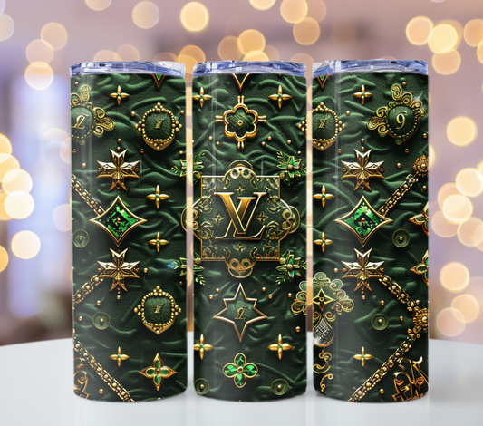 Metallic Green Gold Lv Logo  Gold Tumbler Wraps 20 oz, Fashion Luxury Logo Tumbler Wrap Png Bundle, Tumbler Design,Digital Download PNG,Logo Brand Tumbler , 20oz Skinny , Tumbler Wrap Bundle Designs