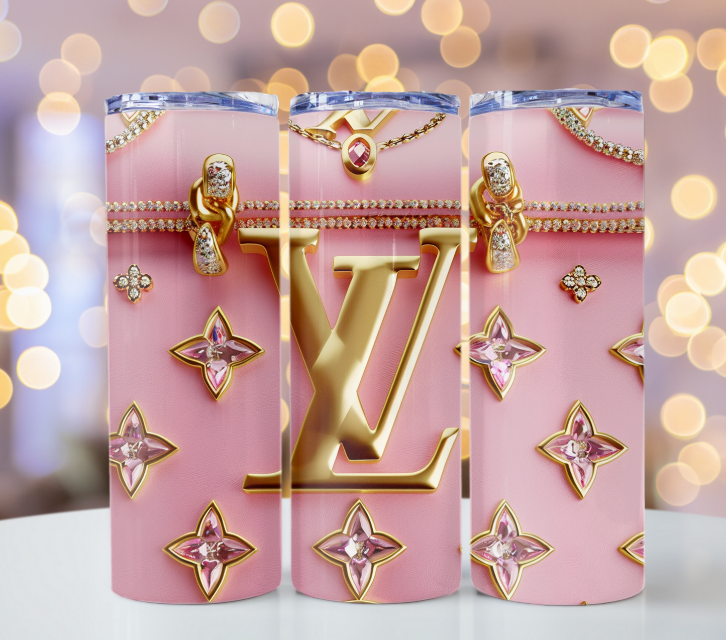 Pink Crystal Metallic Jewelery Lv Logo  Gold Tumbler Wraps 20 oz, Fashion Luxury Logo Tumbler Wrap Png Bundle, Tumbler Design,Digital Download PNG,Logo Brand Tumbler , 20oz Skinny , Tumbler Wrap Bundle Designs