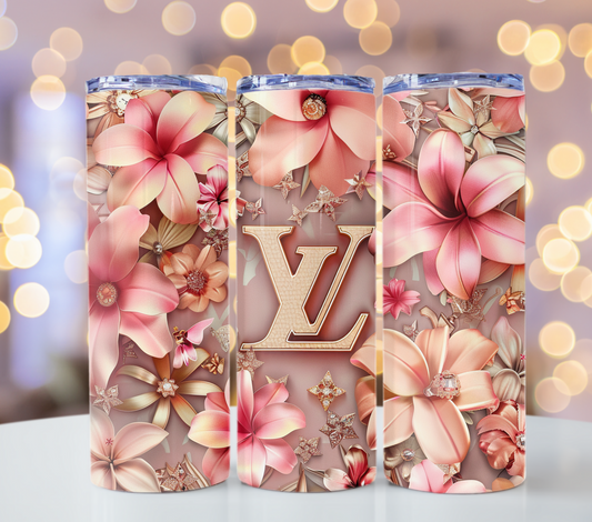 Pastel Pink Flower 20oz Skinny Louis Vuitton Tumbler Wrap Fashion Tumbler Wrap Luxury Tumbler Wrap Glitter Tumbler Wrap